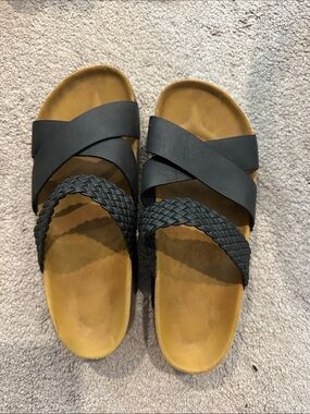 Black Strappy Slip-On Sandals with Tan Footbed